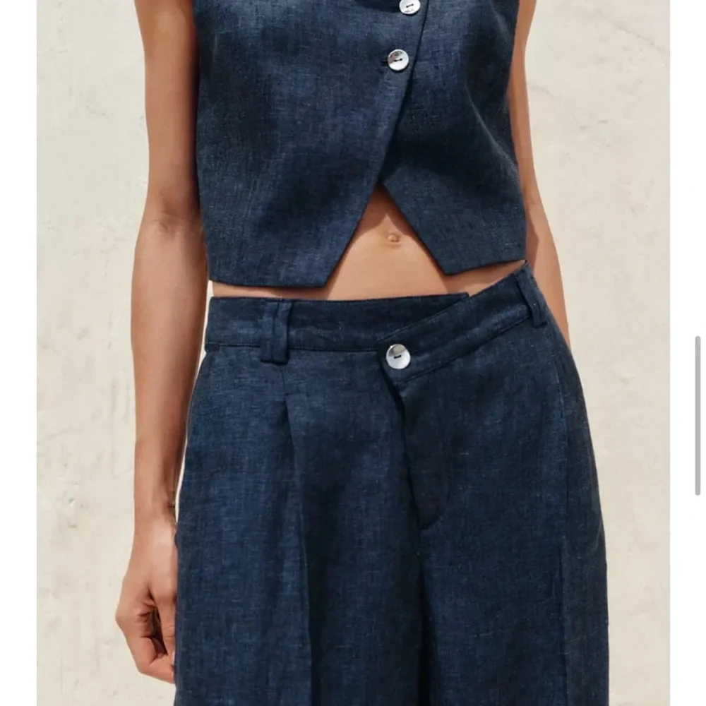 100% LINEN WRAP WAIST PANTS INDIGO. SIZE LARGE